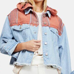 Free People Baja Mixed-Media Hooded Denim Jacket - Size L